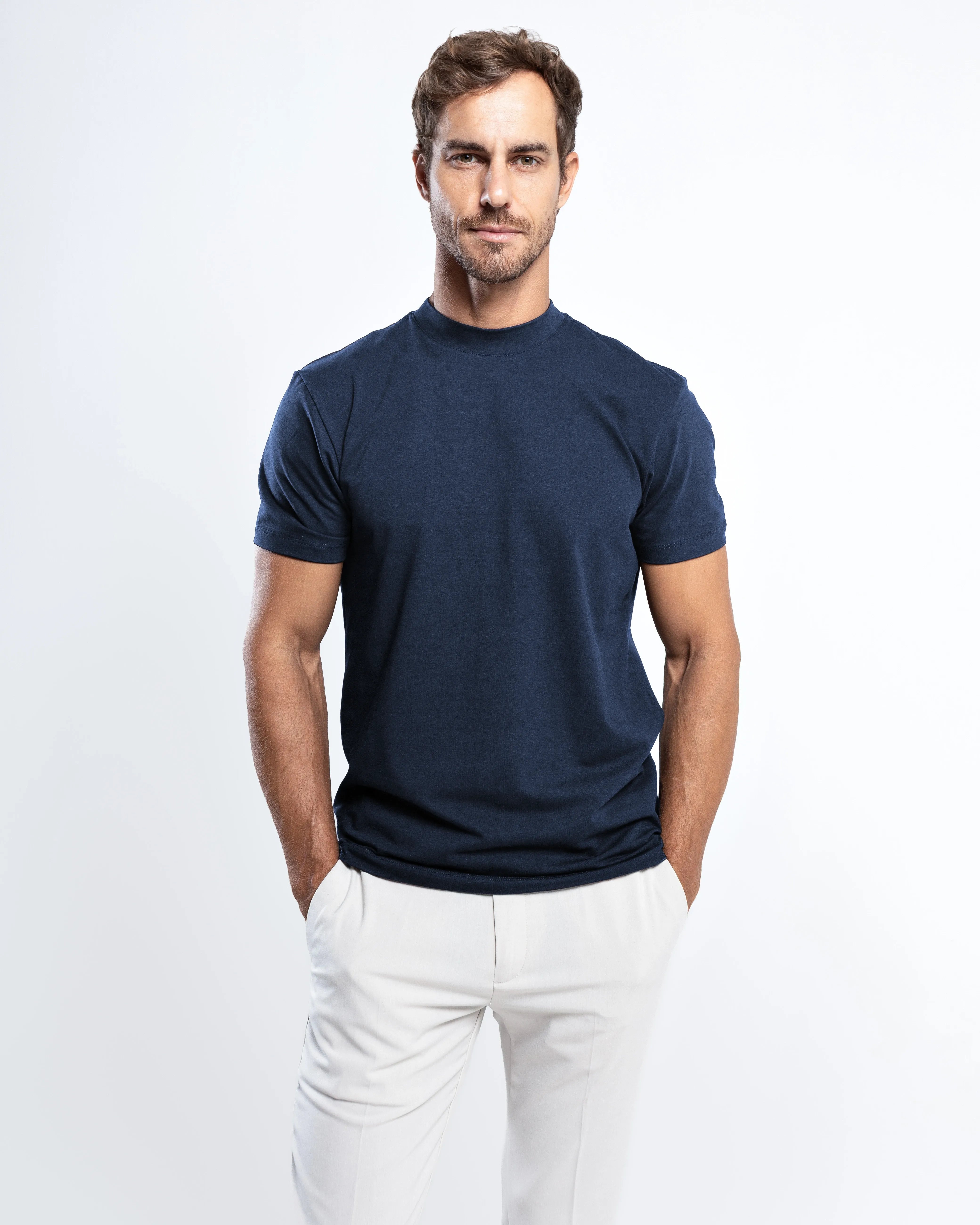 Camiseta Gola Alta Algodão Egípcio - Grant - Azul Marinho
